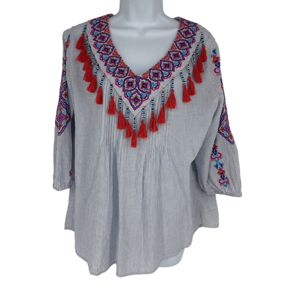 Chico's Peasant Embroidered Striped Blouse with Tassels Size 1 US M